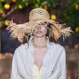 IFOMT New Women Summer Natural Raffia Hat Girl Fashion Ribbon Floppy Shading Panama Wide Brim Sun Hats Vacation Travel Beach Straw Hat