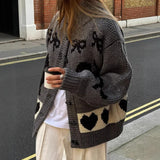 IFOMT Thicken Cardigan Sweater Outwear Women  Autumn Winter Retro Cat Love Pattern Stand Collar Horn Button Knitted Cardigan