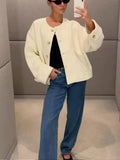 IFOMT Elegant White O-neck Short Jackets For Women Fashion Long Sleeve Single Breasted Woolen Coats 2024 Female High Street Outwear