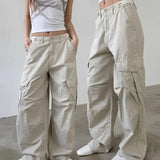 IFOMT Multiple Pockets Straight Trousers Women 2024 Summer Loose Thin Cargo Pants Y2k Grunge High Waist Casual Wide Leg