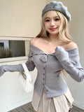 IFOMT Off Shoulder 3D Flower Gray Tops Women 2024 Early Autumn New Slim Fit Sweaters Mujer Y2k Long Sleeve Knitted Cardigan