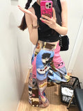 IFOMT American Street Cute Cartoon Print Pants for Women 2024 New Loose Wide Leg  Y2k Grunge High Waist Straight Trousers