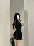 IFOMT Fashion Off Shoulder Sleeveless Halter Black Tops Women+ Y2k E-Girl High Waist Ruched Skirts 2024 Summer New Two Piece Sets