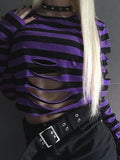 IFOMT Women Goth Punk Long Sleeve Crewneck Striped T Shirt Y2k Grunge Cutout Crop Tops Halloween Christmas Pullover Top