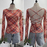 IFOMT Women Retro Printed Slim See Through Mesh Top With Contrasting Straps Backless Long Sleeve Bottoming Cropped Top Y2K Streetwear