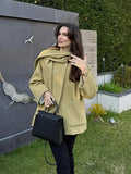 IFOMT Classical Scarf Collar Woolen Short Coats For Women Causal Loose Big Pocket Green Long Sleeve Jacket Winter Female Commute Tops