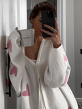 IFOMT Knitted Women Cardigan Long Sleeve Loose Deep V Neck Sweater Women's Casual Embroidery Heart Women Autumn Coat 2023 New
