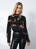 IFOMT Women's Autumn Blouses Retro Leopard Print Long Sleeve Mock Neck Pullover Tops OL Business Basic Shirts Party Clubwear