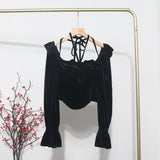 IFOMT Women's Vintage Velvet One Shoulder Halterneck Long Sleeve Shirt Slim Fit Short Hollow Out Lace Up Top Casual Club Streetwear