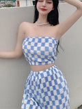 IFOMT 2024 New Summer Fashion Casual Plaid 2 Piece Set Women Strapless Crop Top + Wide Leg Pants Suits Female Sexy Outfits For Woman