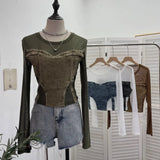 IFOMT Women Street Raw Edge Denim Spliced Solid Mesh Long SLeeve T-Shirt Chic Sexy See Throgh Top Irregular Y2K Top Casual Holiday2633