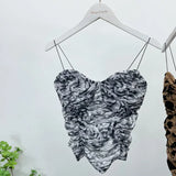 IFOMT Women Retro Tie Dye Printed Spaghetti Strap Camisole Sexy Mesh Pleated Short Tube Top With Breast Pads Sleeveless Casual Y2K Top