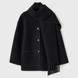 IFOMT Tassel Splice Coats For Women Fashion Long Sleeve Pocket Coat With Scarf Autumn Winter Street Elegant Warm Lady Jacket