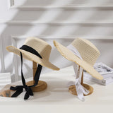 IFOMT Summer Women Sun Hats Handmade Woven Straw Hat with Lace Ribbons Flat Top Holiday Sunscreen Beach Cap Vacation Hat