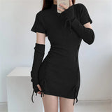 IFOMT Spring Outfit Spice Girl Lace Up Knitted Dress Women's Spring Autumn New Birthday Party Sexy Bodycon Mini Dresses Slim Club Streetwear