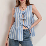 IFOMT Women Tie Front Vest Top Y2k Top Stripe Bow Lace Up Tank Tops Cute Summer Sleeveless Blouse Clothes 2024 Fashion New Streetwear