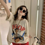 IFOMT Oversized Cartoon Printed T-shirt Women 2024 Spring Summer Mid-length Tee Shirt Y2k Harajuku Half Sleeve Loose Female Tops