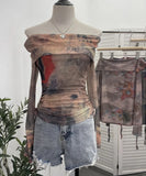 IFOMT Women Retro Tie Dye Abstract Print Front Double Layer Mesh Top One Shoulder Drawstring Pleated Long Sleeve Y2K Boat Neck Top2579