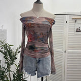IFOMT Women Retro Tie Dye Abstract Print Front Double Layer Mesh Top One Shoulder Drawstring Pleated Long Sleeve Y2K Boat Neck Top2579
