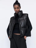 Ifomt  Winter Fashion Women Puffy Vest Thick Warm Parkas Jacket Black Pu Female Coats Faux Leather Down Waistcoat