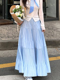 Pleated Maxi Skirt Women Korean Fashion Elegant Solid Color A Line Skirts Ladies Autumn Casual Loose Elastic Waist Long Skirt