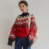 IFOMT Fashion Vintage O-neck Red Knitted Pullover Y2k Grunge Long Sleeve Tassels Tops Women 2024 Autumn New Sweaters Mujer