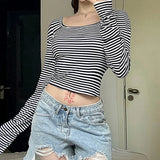 IFOMT Sweet Gentle Retro Stripe Versatile Tee Slim Fit Long Sleeved T-shirt Round Neck Bottom Shirt Short Top Female Clothes