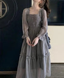 IFOMT Spring Outfit Spring Autumn Vintage Gray Elegant Square Neck Ruffles Pleated Dress Women Long Sleeve Holiday Party Long Dress Robe Popular New