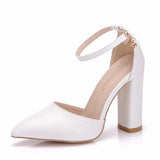 IFOMT  Crystal Queen Women 7CM Thick High Heels Sexy Pumps White Wedding Bride Shoes Pointed Toe Buckle Strap Sandals