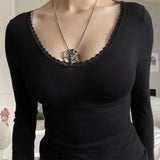 IFOMT Women Y2k Chic Long Sleeve Bow Shirt Top Cute Lace Trim Solid Square Neck Crop Tee Top Slim Fit Pullovers Tops Grunge Streetwear