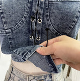 IFOMT Retro Raw Edge Denim Lace Up Pacthwork Mesh Long Sleeve Shirt Women Sexy See Through Top Y2k Shirt Holiday Club Streetwear 2638