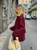 IFOMT Women's Burgundy Scarf Collar Short Woolen Coats Elegant Single Breasted With Pockets Jackets With New Female Street Outerwear