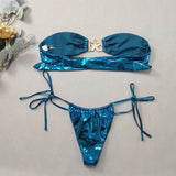 IFOMT Gem Blue Glossy Bikini 2024 Women's Clothing Swimsuit Summer Beach Vacation Outfits Thong Bathing Suit Bandeau Backless Swimwear