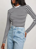 IFOMT Autumn Women Striped Long Sleeve Crop Top Casual Basic Tee Slim Fitted Crew Neck Pullover Tight Shirts Streetwear