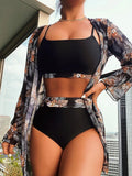 IFOMT 2024 New 3 Pieces Set High Waist Bikini Women Swimsuit&Kimono Bandeau Swimwear Sexy Cover Ups Floral Beachwear Bathing Suit