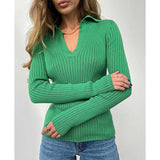 IFOMT Elegant Lapel Knitted Pollovers For Women Slim Striped Solid Color Polo Sweater Long Sleeve Female 2024 Autumn Fashion