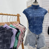IFOMT Women's Retro Tie Dye Printed Mesh Short Sleeve T-Shirt Chic Sexy Folded Irregular Hot Girl Navel-Baring Vest Top 8721 Outfits