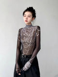 IFOMT 3D Pearl Print Half-high Collar T-shirts Spring New Slim Fit See Through Mesh Tees Y2k E-Girl Long Sleeve Bottoming Tops Women