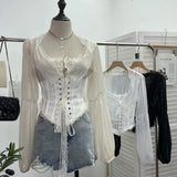 IFOMT Women Retro Lace Up Hollow Out Long Sleeve Top Sexy Slim Fitting Tie Waist Fishbone Shirt Y2K Palace Style Partyclub Streetwear