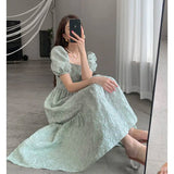 IFOMT Spring Outfit Korea  Jacquard Midi Dress Women Short Puff Sleeves Square Collar Floral Dresses Elegant Dress 20224 Summer