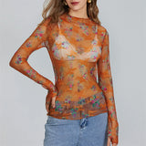 IFOMT Chic Sheer Tops for Women Long Sleeve Mock Neck Lace Mesh Top Sexy See Through Floral Tee Shirt Layering Blouse Y2k Streetwear