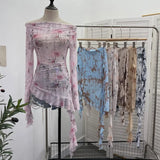 IFOMT Women Retro Ink Print Tie Dye See Through Mesh Long Sleeve Top Sexy One Shoulder Irregular Ruffled Top Y2k PartyClub StreetWear