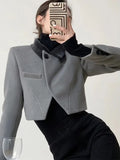 Ifomt Korean Retro Cropped Tweed Blazer Jacket Streetwear Harajuku Grey Coat Female Casual Long Sleeve Y2K Design Vintage Tops