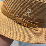 IFOMT Summer Sun Hat Flat Top Straw Hats for Women New Metal R Letter Fashionable Beach Sun Hat Females Travel Holidays Boater Hat