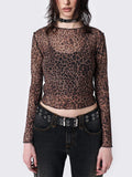 IFOMT Women Y2k Sheer Mesh Top Leopard Long Sleeve See Through Layering Shirt Vintage Fairy Grunge Tee Slim Fit Lace Crop Top