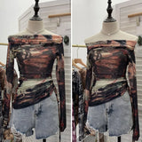 IFOMT See Through Retro Graffiti Print One Shoulder Mesh Long Sleeve Layered Shirt  For Women Drawstring Slim Fit Tshirt Y2K Top 8959