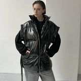 IFOMT Winter New Glossy Zipper Cotton Vest For Women Solid Sleeveless With Belt Warm Jackets Vest High Street Fashion Outwear
