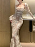 IFOMT Sexy Bodycon Lace Long Dresses for Women Spaghetti Strap Wedding Party Dress Evening Maxi Mermaid Prom Robe Vestidos Mujer New