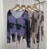 IFOMT Retro Hot Girl Tie Dye Printed Long Sleeve Shirt V-neck Lace Up Irregular Shoulder Pads T-shirt Short Top Casual Streetwear 2622