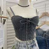 IFOMT Women  Women Sexy Chic Denim Crop Top Lace Up With Padded Adjustable Shoulder Straps Bow Short BandeauTop Summer Y2K Club Wear
